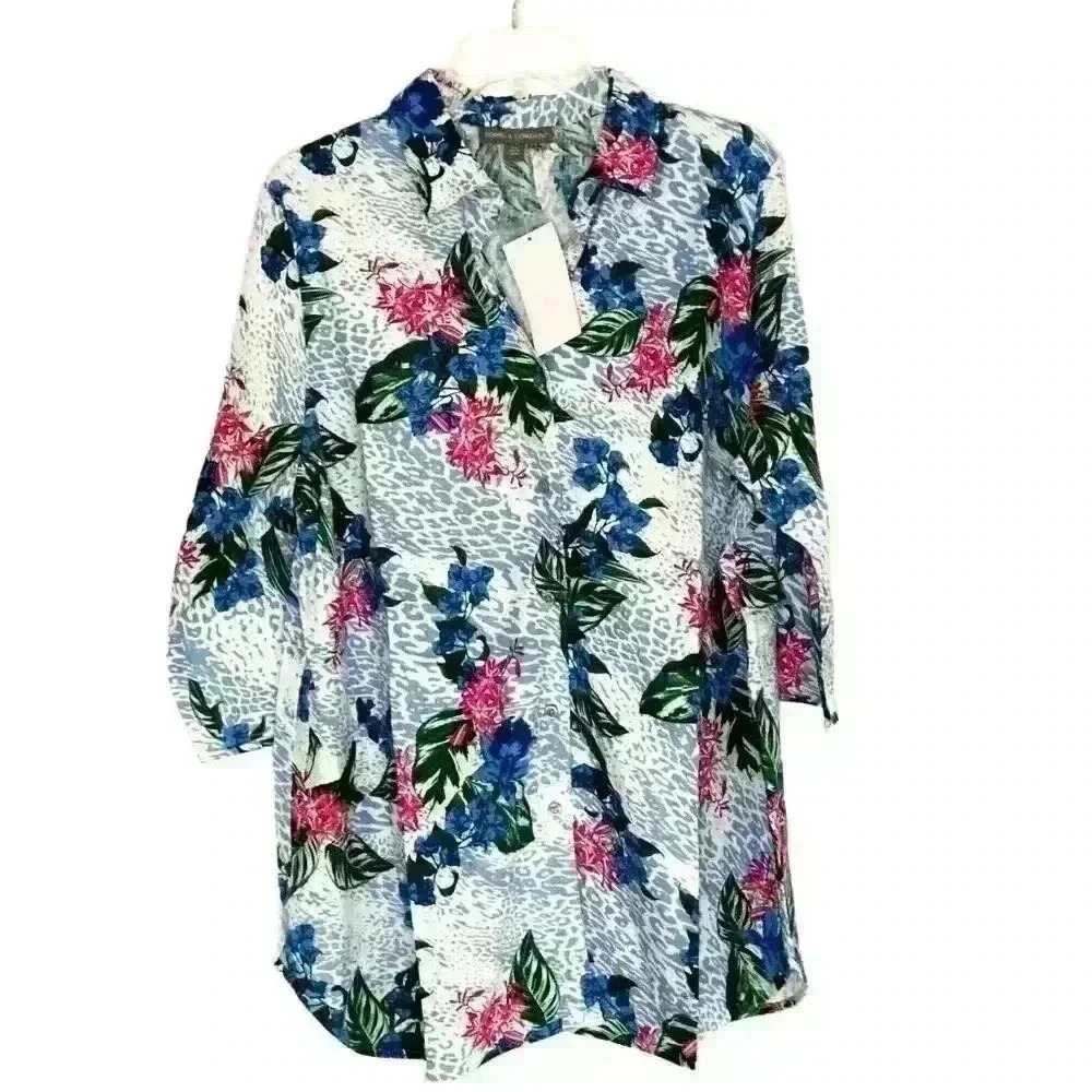 Jessica London shirt tunic button front 16W linen blend floral Hawiian new
